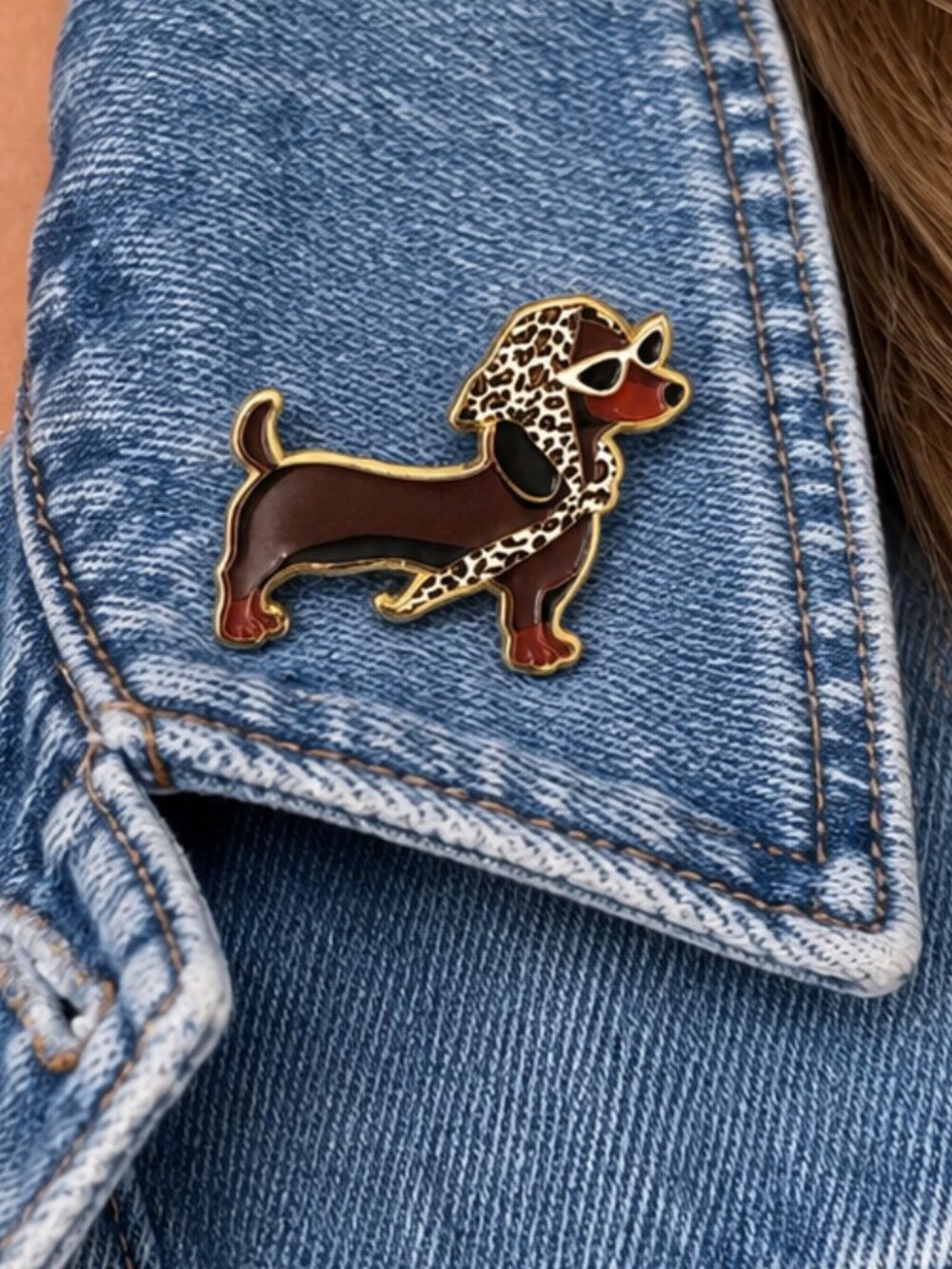 Dachshund Wiener Dog Enamel Pin Brooch Leopard Scarf Sunglasses Dog Mom Glam